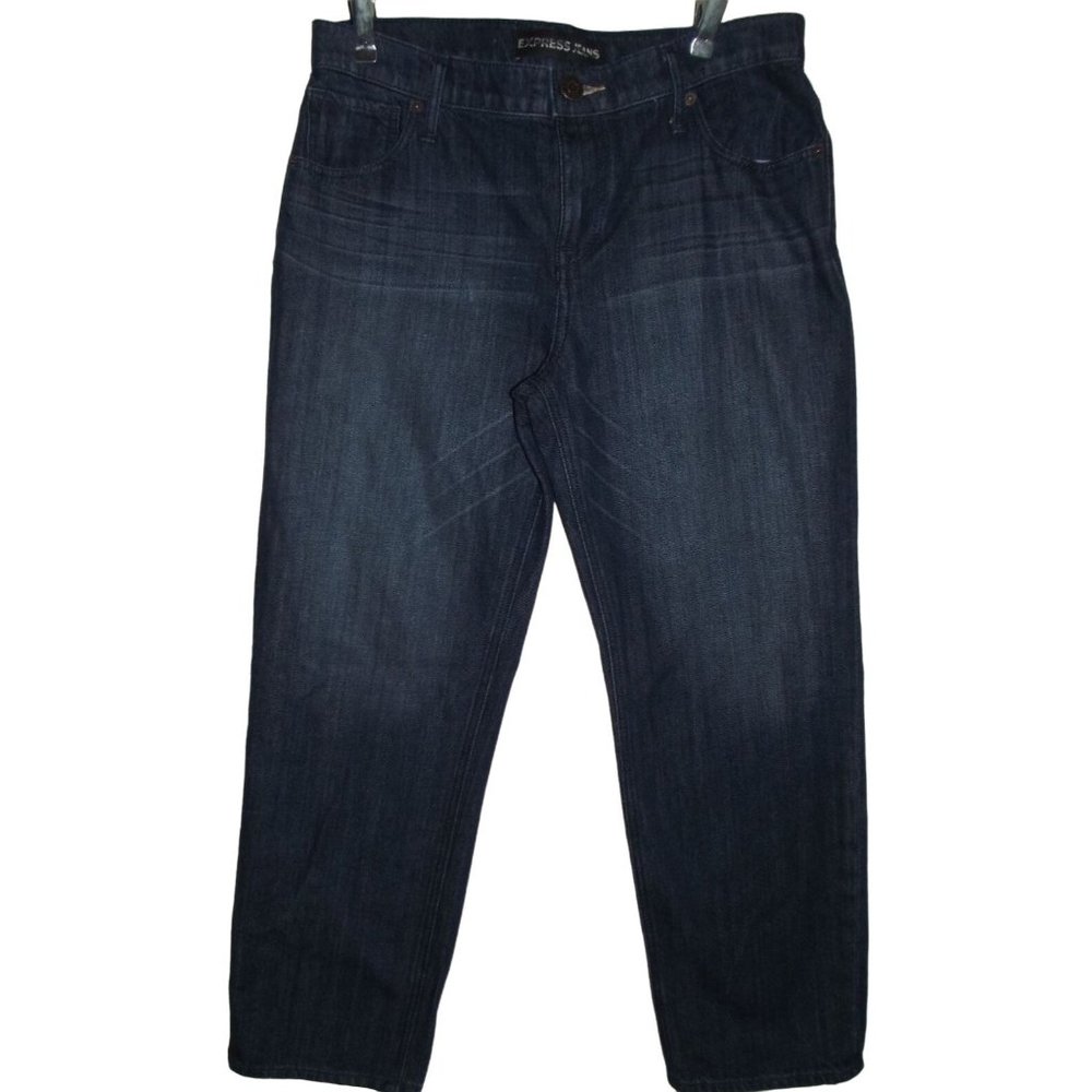 Express Jeans Size 6 x 26" Inseam Crop Mid Rise Whiskered Dark Blue